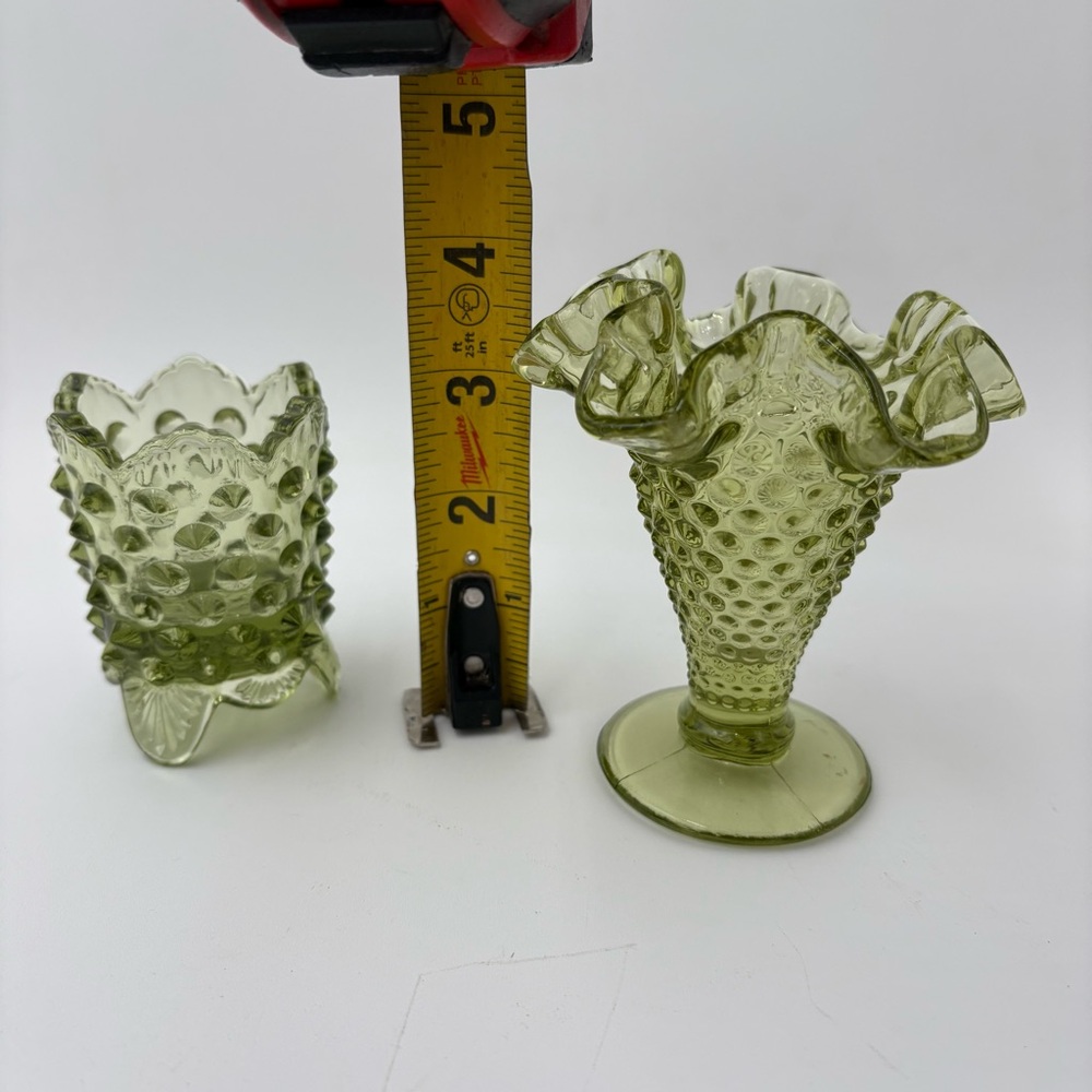 Vintage Fenton Green Hobnail Toothpick Holder & Ruffled Hobnail Vase